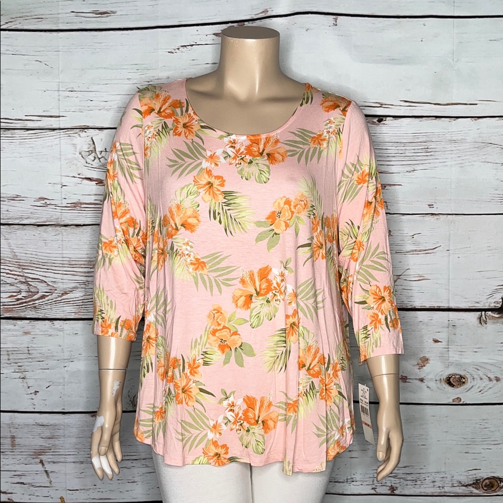Ruby Rd. Woman NWT Size 2X Pink - Orange Floral Knit Top Blouse